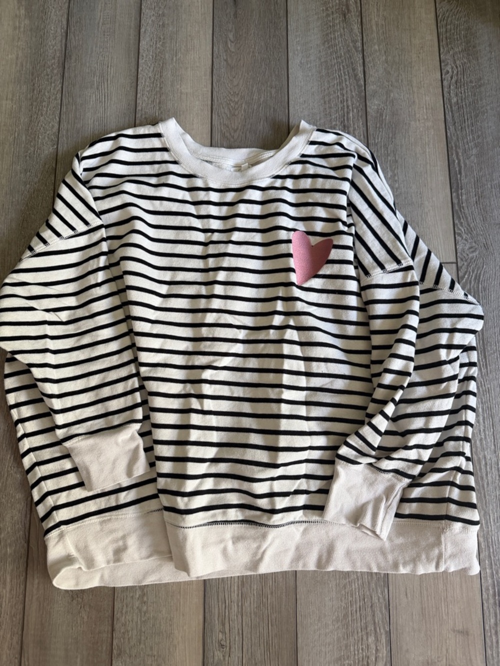 Woman’s Black & White Striped Sweatshirt with Pink Heart
